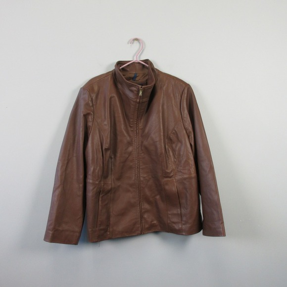 Cole Haan Brown Genuine Lambskin Leather Jacket Womens 2X Zip Biker Moto 1008 - Picture 1 of 16